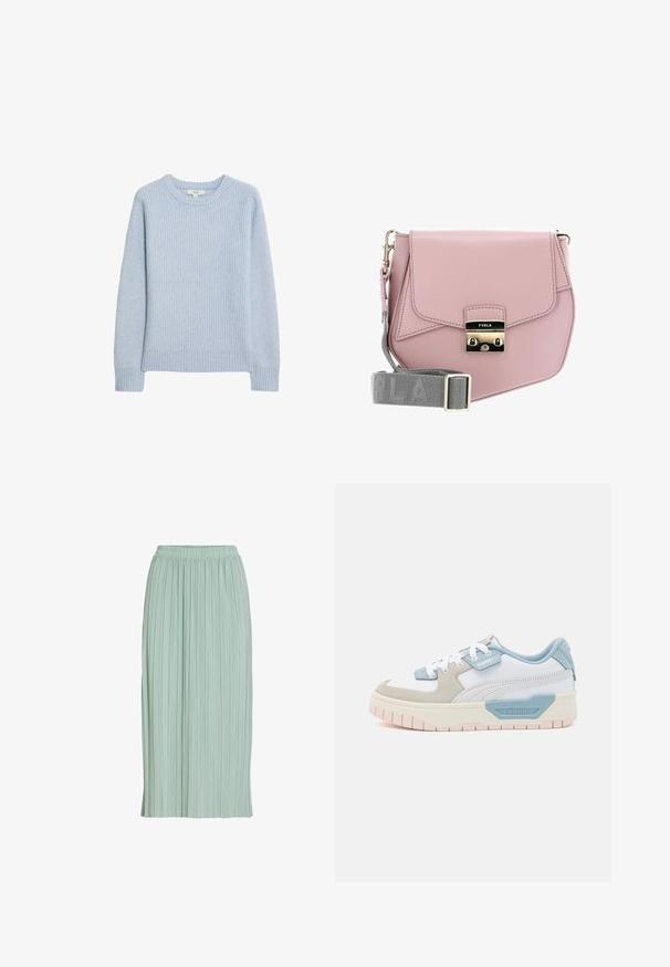 Pull en tricot côtelé bleu clair avec un col rond, des épaules tombantes, et un ourlet et des poignets côtelés. Texture douce et coupe décontractée.; Jupe midi plissée vert clair avec taille élastique, coupe droite et tissu léger.; Baskets avec une tige en cuir blanc, des accents bleu clair, des panneaux en suède beige et une semelle en caoutchouc rose texturée ; logo brodé sur le côté.; Sac à bandoulière en cuir rose avec un rabat, quincaillerie argentée, et une bandoulière grise arborant le nom de la marque. Texture lisse, design minimaliste.