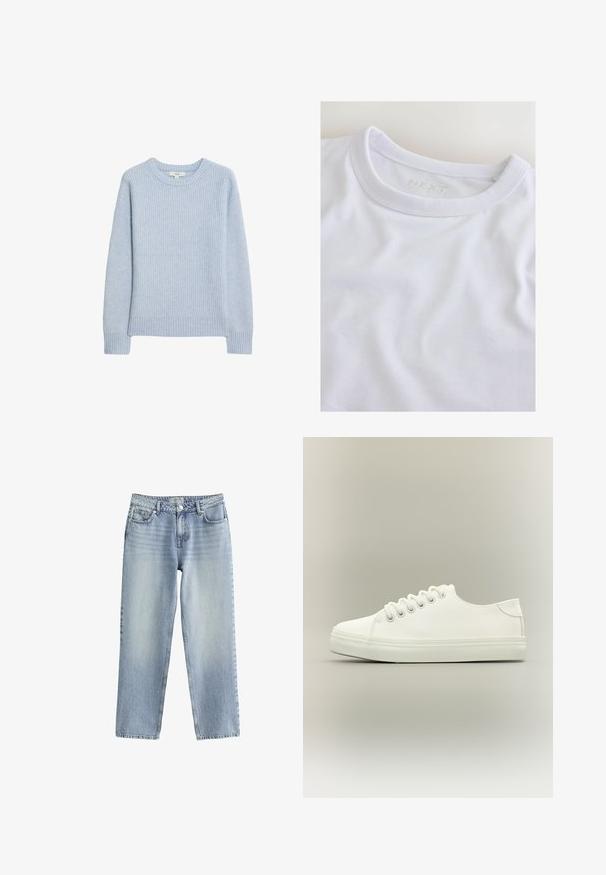 Suéter de punto de canalé azul claro con escote redondo, hombros caídos y dobladillo y puños de canalé. Textura suave y corte relajado.; Camiseta blanca de cuello redondo con una etiqueta sutil "NEXT" visible dentro del cuello sobre un fondo claro.; Jeans de mezclilla azul claro con un diseño de pierna recta, cintura alta y un ligero desvanecimiento. Cuentan con un cierre de botón y un estilo clásico de cinco bolsillos.; Zapatilla blanca baja con cordones blancos y suela de goma mostrada desde vista lateral sobre un fondo neutro.