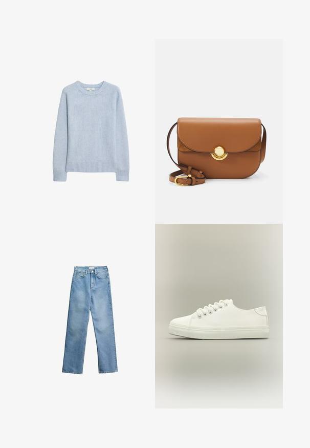 Lichtblauwe geribbelde gebreide trui met een ronde halslijn, verlaagde schouders en geribbelde zoom en manchetten. Zachte textuur en een casual pasvorm.; Lichtblauwe jeans met hoge taille en rechte pijpen, voorzien van een voorste knoop en rits, taillebandlussen en een ontwerp met vijf zakken, afgebeeld tegen een witte achtergrond.; Witte lage sneaker met witte veters en rubberen zool, zijaanzicht op een neutrale achtergrond.; Bruine leren schoudertas met ronde randen, magnetische flapsluiting en gouden hardware. Verstelbare schouderband voor veelzijdigheid.