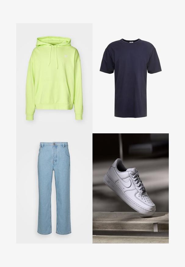 Neon-grüner Kapuzenpullover mit einer Fronttasche und Kordelzug. Verfügt über ein kleines weißes Nike-Logo auf der oberen linken Brust. Weicher Stoff.; Marineblaues Baumwoll-T-Shirt mit Rundhalsausschnitt, kurzen Ärmeln und lockerer Passform, ohne sichtbare Muster oder Hardware.; Helle blaue Denim-Jeans mit geradem Bein, ausgestattet mit einem Knopfverschluss, Gürtelschlaufen und zwei Vorderstaschen.; Weißer Nike Air Force 1 Sneaker aus Leder mit perforierter Zehenpartie, flachen Schnürsenkeln und strukturierter Gummisohle mit "AIR"-Branding an der Seite.