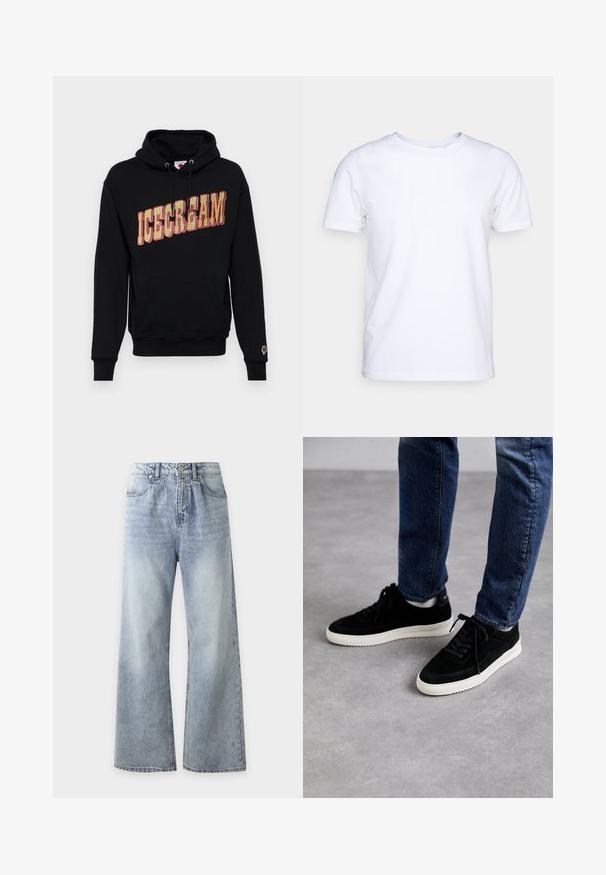 Zwarte hoodie met "ICECREAM" grafiek in geel en rood, met een kangoeroe-pocket en een klein ijsjespictogram op de mouw. Katoenen materiaal.; Witte katoenen t-shirt met korte mouwen en een ronde hals. Eenvoudig ontwerp zonder patronen of accenten. Glad textuur.; Lichtblauwe jeans met een hoge taille en wijde pijpen, voorzakken, knoopsluiting en een verweerde wassing op dijen en knieën.; Zwarte suede sneakers met een witte rubberen zool, met een klassiek low-top ontwerp, een ronde neus en flat zwarte veters.