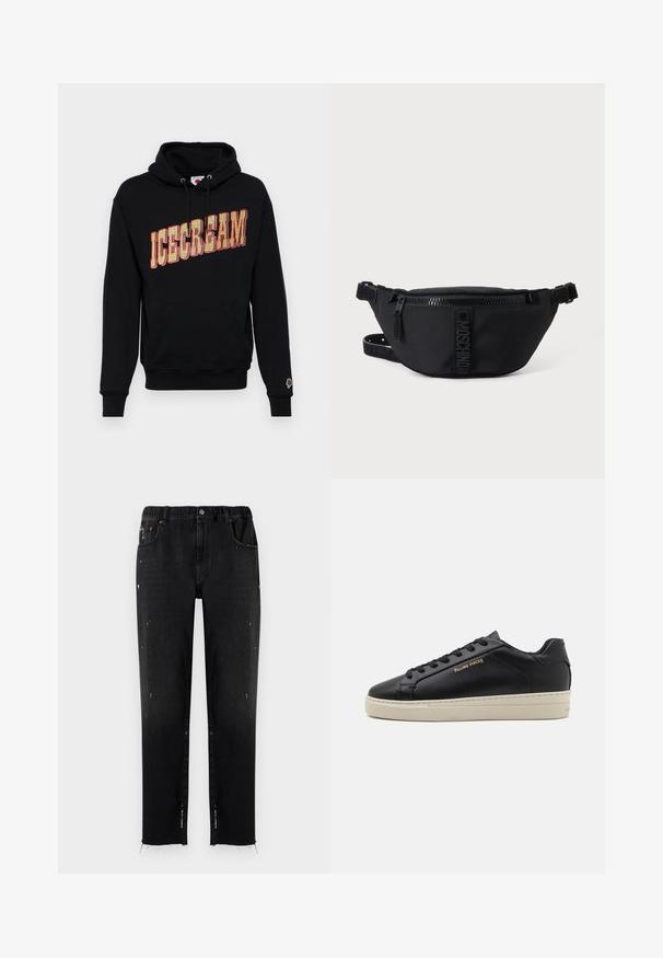 Sort hættetrøje med "ICECREAM" grafik i gul og rød, med en kangaroo lomme og et lille is icon på ærmet. I bomulds materiale.; Sorte jeans lavet af denim med elastisk talje, lige snit, slidte detaljer og flossede kant. Har lommer og knaplukning.; Sorte lædersneakers med en glat finish, kontrasterende cremefarvet sål, rund tå, guld logo på siden og seks huller til snørebånd.; Sort Moschino bæltetaske med frontlynlås og justerbar rem på en ensfarvet lys baggrund.