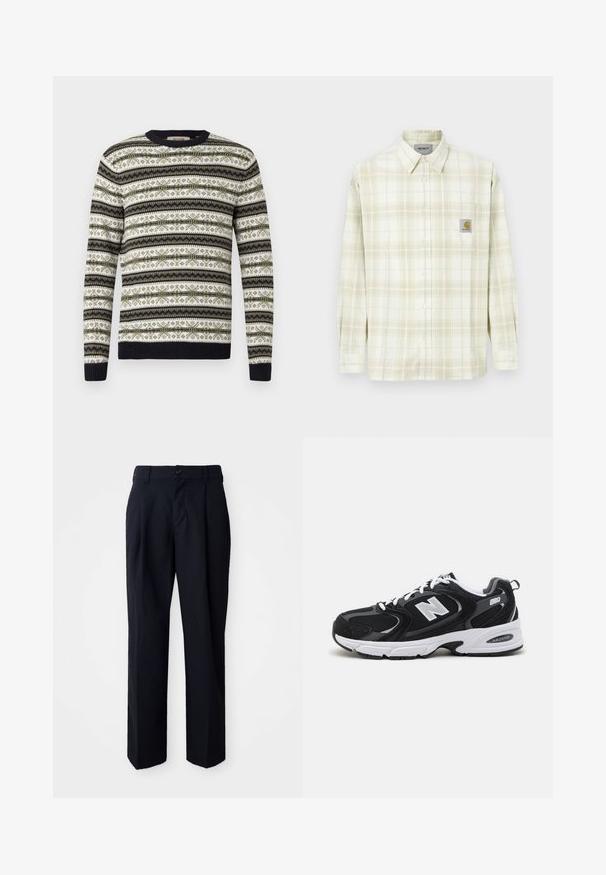 Pull à col rond avec un motif fair isle horizontal vert, noir et blanc, manches et ourlet côtelés, présenté sur un fond blanc.; Chemise à carreaux de couleur claire avec des manches longues, un devant à boutons et une poche poitrine avec un patch logo. Matière en coton au toucher doux.; Pantalons noirs à coupe droite, en tissu lisse. Éléments incluent un bouton à la taille, des passants de ceinture et des plis sur le devant pour plus de structure.; Baskets de sport noires et grises avec un tige en mesh et en suède, présentant une semelle intermédiaire blanche, des lacets et un logo "N" audacieux sur le côté.
