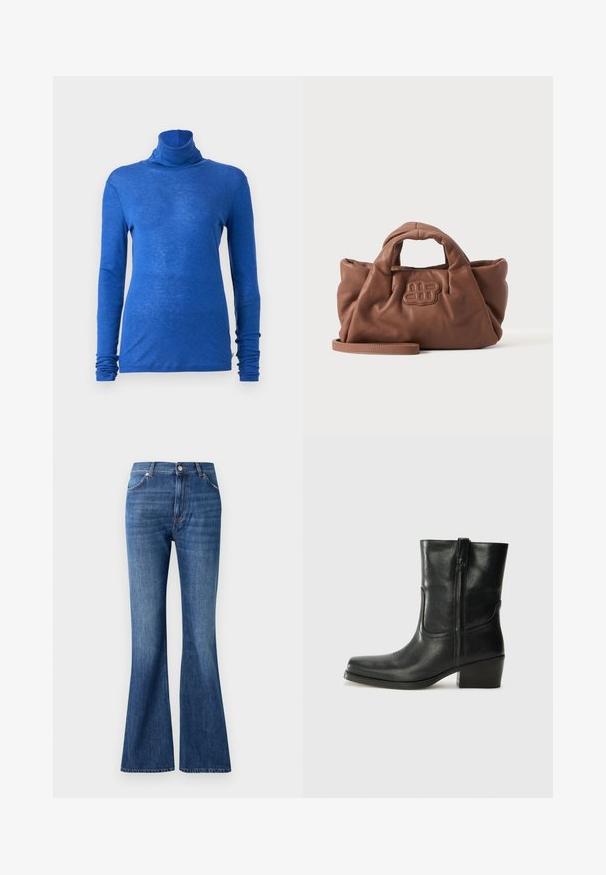 CLOSED TURTLE NECK - Πουλόβερ - galaxy blue; Μπλε φλαρέ τζιν κατασκευασμένα από τζιν ύφασμα, με ψηλή μέση, πέντε τσέπες και έναν απαλό σχεδιασμό ξεθωριασμένου κοντά στις ραφές.; Μαύρη δερμάτινη μπότες αστραγάλου με στρογγυλή μύτη, τετράγωνη φτέρνα, πλαϊνό φερμουάρ και ραφές στη μύτη. Ομαλή υφή, κλασικός σχεδιασμός.; Μαλακή καφέ δερμάτινη τσάντα με κοντές λαβές, ραμμένο λογότυπο στο μπροστινό μέρος και αποσπώμενο μακρύ ιμάντα σε απλό ανοιχτό φόντο.