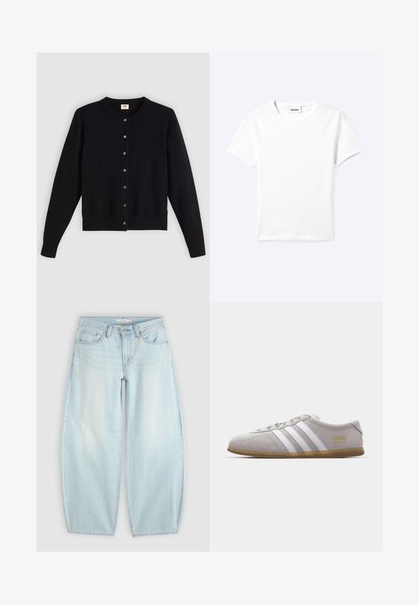Cárdigan negro con cuello redondo, mangas largas y cierre frontal de botones. Hecho de una tela suave con puños y dobladillo acanalados sutiles.; Camiseta blanca lisa de manga corta con cuello redondo y una pequeña etiqueta "WEEKDAY" dentro del cuello, mostrada extendida sobre un fondo claro.; Vaqueros azul claro de pierna ancha con cierre de botón y cremallera, bolsillos delanteros y presillas para cinturón sobre un fondo liso.; Zapatilla de ante gris con rayas de cuero blanco y detalle del logo en dorado. Suela plana de goma, punta redondeada y diseño clásico de cierre con cordones.