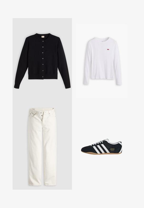 Cárdigan negro con cuello redondo, mangas largas y cierre frontal de botones. Hecho de una tela suave con puños y dobladillo acanalados sutiles.; Camisa blanca de manga larga hecha de suave algodón. Presenta un pequeñoLogo rojo de Levi's en el lado izquierdo del pecho. Diseño clásico de cuello redondo.; Vaqueros blancos de talle alto con pierna recta, cremallera de botones, bolsillos delanteros y traseros, y remaches de cobre visibles en las esquinas de los bolsillos.; Zapatillas de ante negro con tres franjas blancas, logotipo dorado y suela de goma marrón. Presentan un diseño de cordones de perfil bajo.