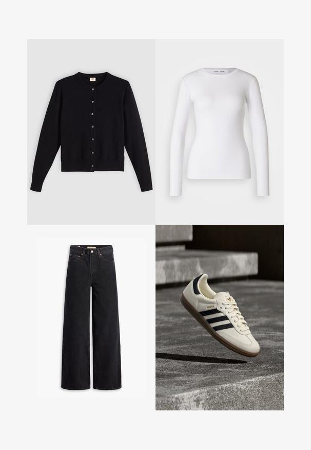 Zwarte cardigan met een ronde hals, lange mouwen en knoopsluiting aan de voorkant. Gemaakt van zacht materiaal met subtiele ribbels aan de mouwen en onderkant.; Witte longsleeve shirt van ribstof, met een ronde halslijn en een getailleerde vorm. Er zijn geen patronen of accenten aanwezig.; Zwarte brede jeans gemaakt van denim, met vijf zakken, koperen klinknagels en een klassieke knoopsluiting. Glad van textuur met een strakke uitstraling.; Witte Adidas Samba sneaker met zwarte strepen en gumzool, zwevend boven gestructureerde grijze betonnen treden.