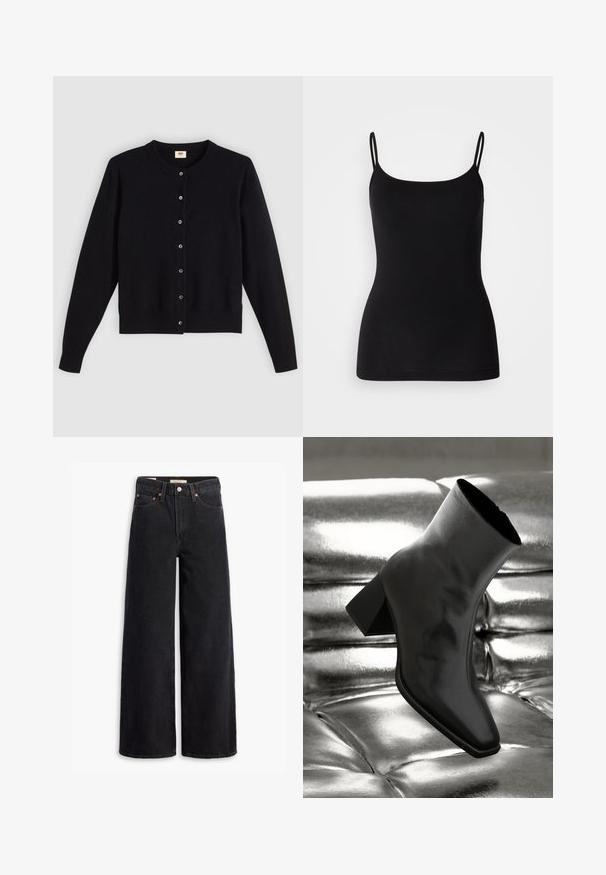 Cárdigan negro con cuello redondo, mangas largas y cierre frontal de botones. Hecho de una tela suave con puños y dobladillo acanalados sutiles.; Camiseta de tirantes finos en color negro, fabricada en un tejido elástico y suave, con una silueta ajustada. Sin estampados ni adornos.; Jeans de pierna ancha negros hechos de denim, con cinco bolsillos, remaches de cobre y un cierre clásico de botón. Textura suave con un diseño limpio.; Botín negro de tobillo hecho de material brillante, con punta cuadrada y tacón cónico, contra un fondo plateado brillante con almohadillado.