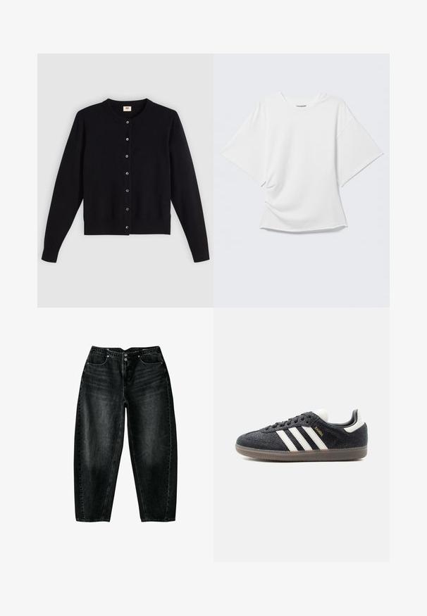Cardigan noir avec un col rond, des manches longues et une fermeture à boutons sur le devant. Fabriqué en tissu doux avec des poignets et un ourlet côtelés subtils.; T-shirt blanc oversize à manches courtes avec col rond présenté sur un fond gris clair.; Jean en denim noir délavé avec une taille haute, fermeture par bouton et fermeture éclair, et poches avant, posé à plat sur fond blanc.; Baskets Adidas Samba noires avec des bandes blanches, semelle en gomme et texte doré "Samba" sur le côté, vues de profil gauche sur fond uni.
