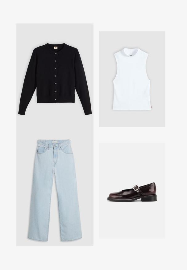 Cardigan noir avec un col rond, des manches longues et une fermeture à boutons sur le devant. Fabriqué en tissu doux avec des poignets et un ourlet côtelés subtils.; Top blanc sans manches en coton avec col rond haut et petite étiquette Levi's sur le côté, présenté sur un fond gris clair.; Jean large en denim bleu clair à taille haute, avec une fermeture à bouton et zip, deux poches avant et des détails de couture subtils.; Chaussure Mary Jane unique brillante couleur bordeaux foncé avec une large bride et une boucle argentée, talon bloc bas et bout arrondi sur fond blanc.