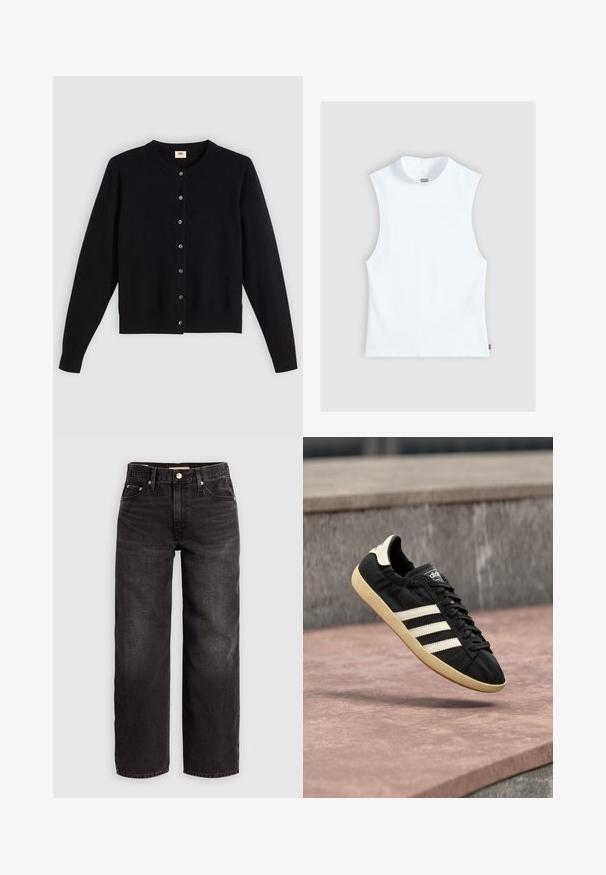Cardigan noir avec un col rond, des manches longues et une fermeture à boutons sur le devant. Fabriqué en tissu doux avec des poignets et un ourlet côtelés subtils.; Top blanc sans manches en coton avec col rond haut et petite étiquette Levi's sur le côté, présenté sur un fond gris clair.; Levi's® BAGGY DAD - Jean baggy - shrink up; Baskets Adidas noires avec des bandes blanches et une semelle beige, capturées en plein air au-dessus d'une surface en pierre et d'un mur en pierre en arrière-plan.