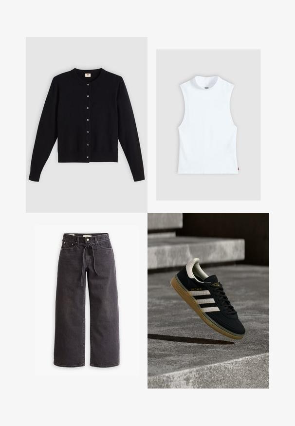 Cardigan noir avec un col rond, des manches longues et une fermeture à boutons sur le devant. Fabriqué en tissu doux avec des poignets et un ourlet côtelés subtils.; Top blanc sans manches en coton avec col rond haut et petite étiquette Levi's sur le côté, présenté sur un fond gris clair.; Jeans larges noirs en jean, dotés d'une taille à cordon de serrage, de cinq poches et de détails de couture contrastés. Design à l'avant plat.; Baskets en daim noir avec des rayures blanches et un logo doré, dotées d'une semelle en caoutchouc gomme texturée et d'un languette de talon crème contrastante.