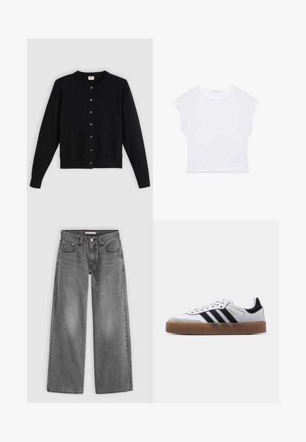 Cardigan noir avec un col rond, des manches longues et une fermeture à boutons sur le devant. Fabriqué en tissu doux avec des poignets et un ourlet côtelés subtils.; T-shirt court blanc à manches courtes avec col rond, en tissu lisse, posé à plat sur un fond blanc.; Jean gris taille haute à jambes larges avec fermeture devant par bouton et zip, deux poches avant et passants de ceinture, posé à plat sur un fond clair.; Baskets en cuir blanc avec des rayures noires, semelle extérieure en caoutchouc beige, bout rond, fermeture lacée et embout en suède gris doux.