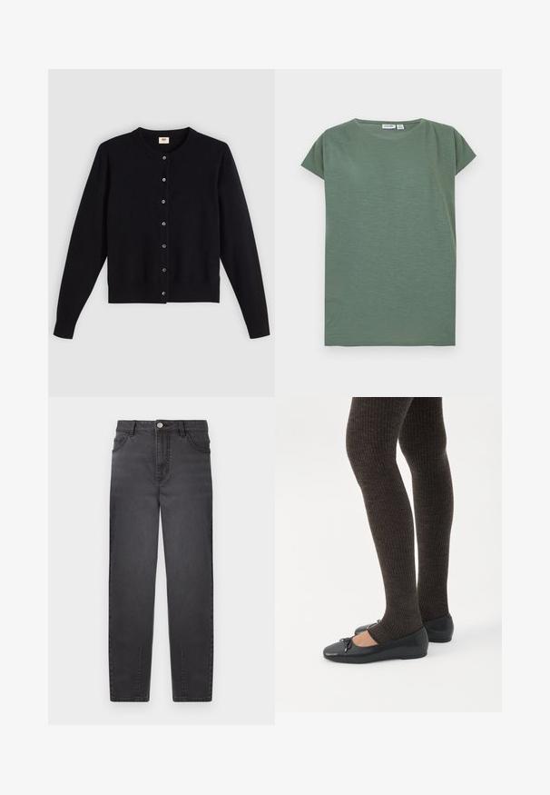 Cardigan noir avec un col rond, des manches longues et une fermeture à boutons sur le devant. Fabriqué en tissu doux avec des poignets et un ourlet côtelés subtils.; T-shirt uni manches courtes avec col rond, couleur vert olive atténué, posé à plat sur un fond blanc.; Jeans en denim noir à taille haute, avec une coupe droite, deux poches avant et une fermeture à bouton argenté. Texture lisse avec un soupçon d'éclat.; Jambes portant des leggings côtelés foncés associés à des ballerines noires avec de petits détails en nœud sur fond blanc.