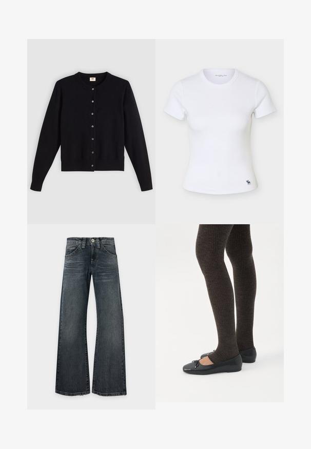 Zwarte cardigan met een ronde hals, lange mouwen en knoopsluiting aan de voorkant. Gemaakt van zacht materiaal met subtiele ribbels aan de mouwen en onderkant.; Wit aansluitend geribd T-shirt met korte mouwen, ronde hals en klein donker hertlogo vlak bij de onderste zoom aan de linkerkant.; Donkergewassen, wide-leg jeans met lichte vervaging op de dijen, klassiek vijfzakkenmodel en zichtbare stiksels, plat neergelegd op een witte achtergrond.; Benen met donkere geribbelde leggings gecombineerd met zwarte ballerina's met kleine strikdetails op een witte achtergrond.