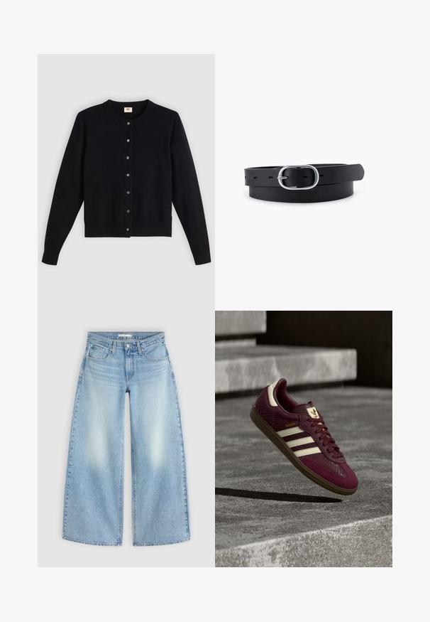 Zwarte cardigan met een ronde hals, lange mouwen en knoopsluiting aan de voorkant. Gemaakt van zacht materiaal met subtiele ribbels aan de mouwen en onderkant.; Lichtblauwe high-waisted wijde jeans met voorzakken, lussen voor een riem en vervaagde plekken op de dijen, plat gelegd op een lichte achtergrond.; Bordeauxrode sneaker met getextureerd leer, drie witte strepen en gouden accenten. Rubberen zool, klassiek Samba-ontwerp en ademende mesh details.; Zwarte leren riem met een gladde textuur, ovaal zilveren metalen gespsluiting en meerdere verstelgaten langs de band. Platte, minimalistische uitstraling.