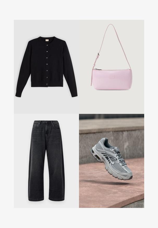 Sort cardigan med rund hals, lange ærmer og frontknaplukning. Lavet af blødt stof med diskrete ribbede manchetter og kant.; Bredde ben sorte jeans lavet af denim, med et klassisk fem-lomme design, subtil fading og en knaplukning i taljen.; Lys grå og hvid Nike løbesko med mesh-design, svævende over en stenet overflade udendørs.; Pink lædertaske med en glat overflade, oval form, lang justerbar skulderrem og lynlås. Har brandlogo prægede foran.