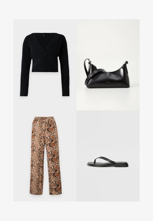 Pull court noir en maille côtelée, avec un décolleté en V profond, des manches longues et un détail noué à l'avant pour une texture supplémentaire.; Pantalons large avec un motif en serpent brun et noir, taille élastique et tissu texturé avec une finition lisse.; Tongs noires en cuir lisse, avec un design de sangle fine et une semelle plate à profil minimal. Aucun motif ou accent notables.; Sac à main en cuir noir avec une texture lisse. Dispose d'une bandoulière adjustable et d'un design élégant et minimaliste avec une fermeture éclair.