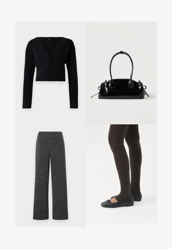 Pull court noir en maille côtelée, avec un décolleté en V profond, des manches longues et un détail noué à l'avant pour une texture supplémentaire.; Pantalons à jambes larges en tissu texturé noir et gris, dotés d'une taille élastique pour plus de confort. Pas de poches ni de fermetures visibles.; Jambes portant des leggings côtelés foncés associés à des ballerines noires avec de petits détails en nœud sur fond blanc.; Petit sac à main noir brillant avec deux longues anses et des détails à cordon sur les côtés sur un fond clair uni.