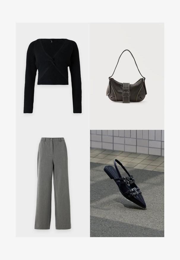 Pull court noir en maille côtelée, avec un décolleté en V profond, des manches longues et un détail noué à l'avant pour une texture supplémentaire.; Pantalons larges gris avec une finition texturée, dotés d'une fermeture à bouton à la taille et d'une silhouette épurée et cintrée.; Sandale plate noire à bout pointu avec plusieurs sangles à boucle et un talon arrière, positionnée au-dessus d'une surface pavée et d'un mur carrelé en arrière-plan.; Sac à épaule en cuir noir avec une sangle à boucle, des bords arrondis et des coutures blanches contrastées sur un fond uni.