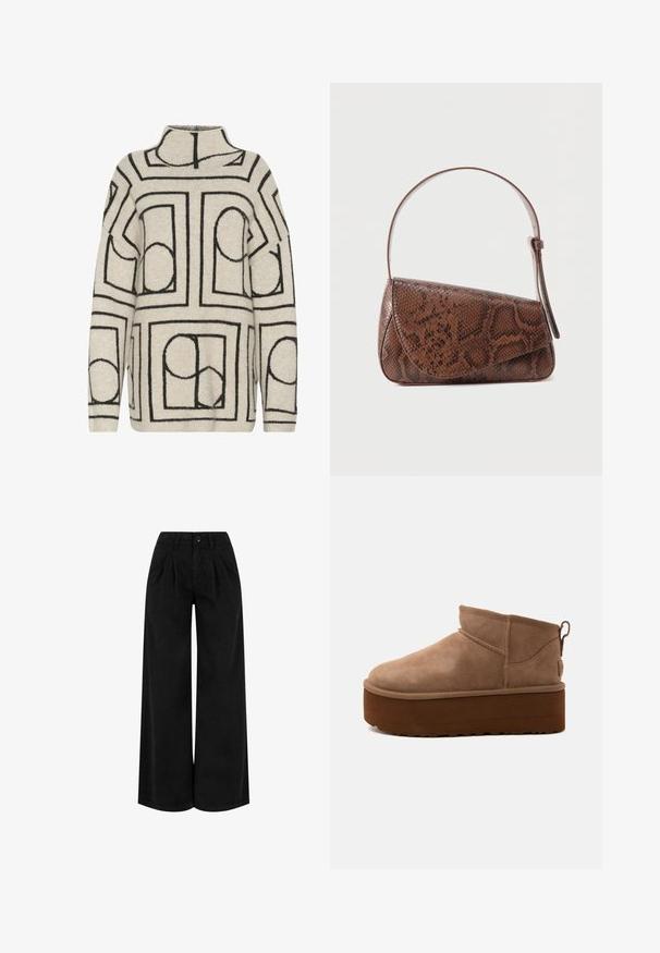 Pull en tricot beige clair avec des motifs géométriques noirs, doté d'un col montant, d'une coupe ample et d'un tissu texturé pour plus de chaleur.; Pantalon noir taille haute à jambes larges avec plis devant, fermeture à boutons et passants pour ceinture, présenté sur fond blanc.; Bottine marron en daim de hauteur moyenne, style slip-on, avec une semelle épaisse compensée et un onglet à l’arrière sur fond clair.; Sac à bandoulière en cuir à motif peau de serpent marron avec une fermeture à rabat et une seule bandoulière réglable, sur un fond uni.