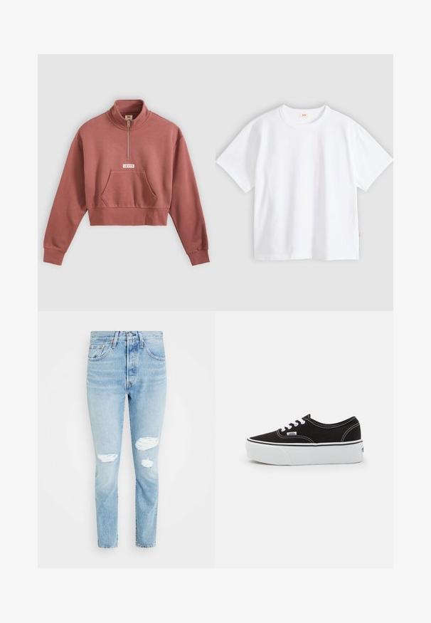 Sweat-shirt court mauve avec zip quart, poche kangourou, poignets en côte et logo « Levi's » au centre avant.; T-shirt en coton blanc à manches courtes, col rond, coupe décontractée, texture lisse, avec une petite étiquette logo sur la couture latérale gauche.; Jean en denim clair usé avec une taille haute. Les caractéristiques incluent des déchirures au niveau des genoux, une coupe droite et un design classique à cinq poches.; Baskets en toile noires avec une semelle en caoutchouc blanc, dotées de lacets et de coutures blanches, marquage emblématique sur le côté, design basse.