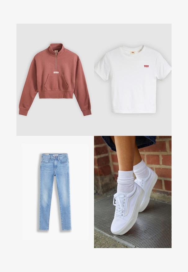 Sweat-shirt court mauve avec zip quart, poche kangourou, poignets en côte et logo « Levi's » au centre avant.; T-shirt blanc à manches courtes avec col rond et petit logo rouge Levi's sur la poitrine gauche.; Jean en denim bleu clair à coupe slim, comprenant cinq poches, une fermeture à bouton et à glissière, et un léger délavage le long des jambes.; Baskets en toile blanches avec semelles en caoutchouc, dotées de six œillets, d'un bout rond et de détails de couture légers, portées avec des chaussettes blanches mi-mollet.