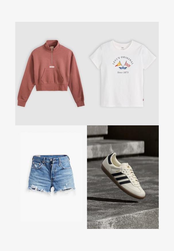 Sweat-shirt court mauve avec zip quart, poche kangourou, poignets en côte et logo « Levi's » au centre avant.; T-shirt blanc à manches courtes Levi's avec des drapeaux jaunes et rouges croisés et le texte "Levi's Original Since 1873" au centre devant.; Shorts en denim bleu clair avec des bords effilochés, taille haute, fermeture à bouton et deux poches avant ; des détails usés ajoutent de la texture.; Baskets blanches Adidas Samba avec des bandes noires et une semelle en gomme, flottant au-dessus de marches en béton gris texturé.