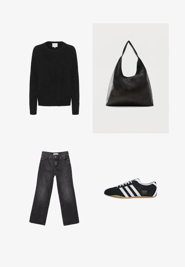 Sorte striktrøje med rund halsudskæring, lange ærmer og en blød tekstur. Enkel design, ingen mønstre eller detaljer.; Sorte jeans med vide ben, forlommer og knaplukning, størrelsesmærke 38 synligt på taljen.; Sort ruskinds sneaker med hvide tre striber, guldlogo og en brun gummisål. Har et lavprofil snørebåndsdesign.; Sort skuldertaske i glat læder med en bred, enkelt strop og et afslappet, minimalistisk design mod en ensfarvet baggrund.