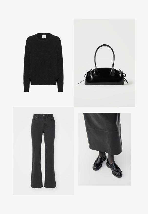 Sorte striktrøje med rund halsudskæring, lange ærmer og en blød tekstur. Enkel design, ingen mønstre eller detaljer.; Sorte flared jeans lavet af denim, med høj talje, fem lommer og knaplukning. Stoffet har en blød tekstur og minimal falmning.; Sorte læder loafers med en glat finish, prydet med en dekorativ rem, rund tå og tekstureret sål. Båret med en lang sort læderskirt.; Lille sort blank håndtaske med to lange håndtag og snøre-detaljer i siden på en ensfarvet lys baggrund.