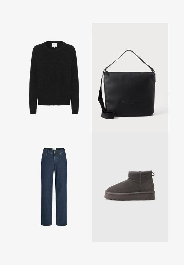 Sorte striktrøje med rund halsudskæring, lange ærmer og en blød tekstur. Enkel design, ingen mønstre eller detaljer.; Mørkeblå denimbukser med lige snit, fem lommer og en talje med bæltesløjfer. Har kontrasterende syninger og en frontlukning med knap.; Marco Tozzi Vinterstøvler - graphite; Sort læder skuldertaske med lynlås, justerbar skulderrem og prægget logo på forsiden. Glat tekstur og minimalistisk design.