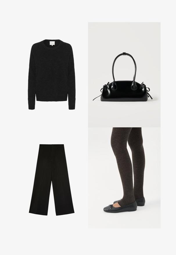 Pull en maille noir avec un col rond, des manches longues et une texture douce. Design simple, sans motifs ni accents.; Pantalon noir à jambes larges avec fermeture par bouton et zip, passants de ceinture et plis d’avant, posé à plat sur fond blanc.; Jambes portant des leggings côtelés foncés associés à des ballerines noires avec de petits détails en nœud sur fond blanc.; Petit sac à main noir brillant avec deux longues anses et des détails à cordon sur les côtés sur un fond clair uni.