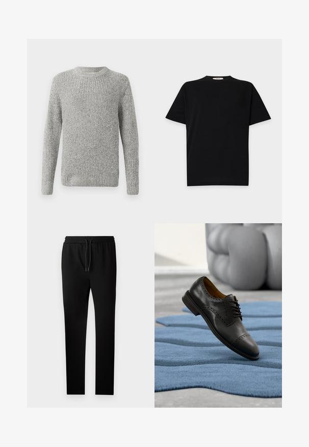Pull en tricot gris à manches longues, col rond, avec des poignets et un ourlet côtelés. La texture est épaisse et texturée, adaptée aux temps frais.; T-shirt noir à manches courtes col rond avec un logo ton sur ton subtil sur la poitrine et une petite étiquette de marque à l'intérieur du col.; Pantalons de jogging noirs au coupe ajustée, avec une taille élastique et un cordon de serrage. Fabriqués en tissu doux avec une texture lisse et sans motifs visibles.; Chaussure habillée en cuir noir avec détails brogue, bout arrondi et lacets simples, flottant au-dessus d'un tapis bleu texturé dans un cadre moderne.