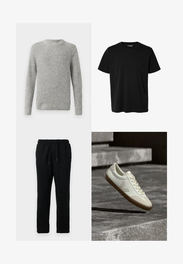 Pull en tricot gris à manches longues, col rond, avec des poignets et un ourlet côtelés. La texture est épaisse et texturée, adaptée aux temps frais.; T-shirt noir uni à manches courtes et col rond pour homme, sans motifs ni logos visibles à l’avant.; Pantalons de survêtement en coton noir avec une taille élastique, un cordon de serrage pour l'ajustement et une conception à jambes effilées. Texture lisse et sans motifs visibles.; Baskets en cuir blanc avec semelle en caoutchouc beige, lacets plats et accent en forme de V sur le côté. Présentent une surface lisse et peu de détails de couture.
