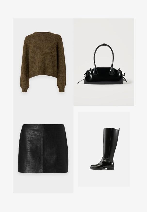 Pull en tricot marron avec un col rond, design court et manches longues. Tissu texturé avec de subtiles variations de couleur.; Mini jupe en simili cuir noir avec un motif crocodile texturé, présentant une finition lisse et une coupe ajustée sans accessoires visibles.; Bottes noires montantes en cuir verni, avec un détail de boucle argentée à la cheville et une conception à bout arrondi. Semelle plate.; Petit sac à main noir brillant avec deux longues anses et des détails à cordon sur les côtés sur un fond clair uni.