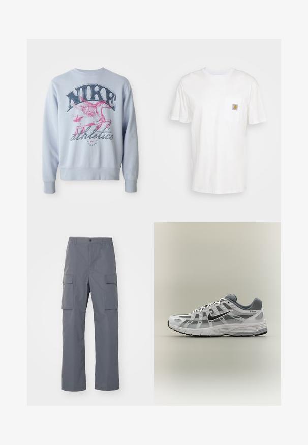 Heledsinine dressipluus, millel on suur graafika roosa tiivulise hobuse ja musta "NIKE" tekstiga. Pehme kangas, ümar kaelus ja soonikkraed.; Valge puuvillane t-särk lühikeste varrukatega, rindade taskuga ja taskul väike ruudukujuline logo kleebis oranžis ja valges.; Hallid hallid cargo püksid, mis on valmistatud vastupidavast kangast. Omadusteks on elastne vöökoht, kaks suurt külgetaskut ja sirge lõige.; Valge ja hall Nike P-6000 toss musta logoga, võrgust paneelide ja tekstuurse tallaga, esitatud külgvaates neutraalsel taustal.