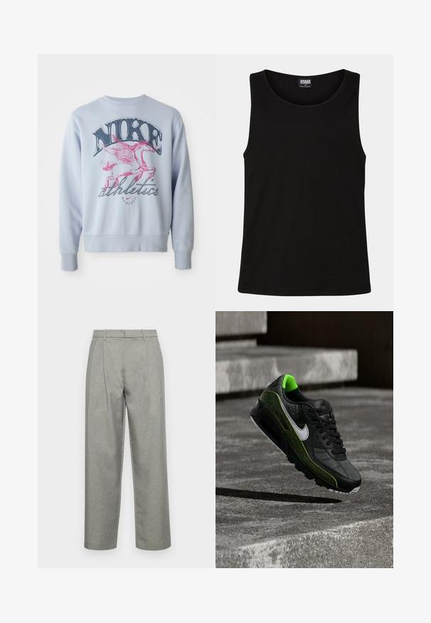 Heledsinine dressipluus, millel on suur graafika roosa tiivulise hobuse ja musta "NIKE" tekstiga. Pehme kangas, ümar kaelus ja soonikkraed.; Must must särk, mis on valmistatud pehmest puuvillakangast. Omab ümmargust kaelust ja laiale varrukale, ilma nähtavate mustrite või dekoratsioonideta.; Hallitatud hallid püksid, mis on valmistatud tekstuuriga kangast, sirge jala disainiga, ees pleekidega ning tavalise vöökohtadega, kus on vöökohad.; Must ja neoonrohelise Nike toss valge logoga, hõljuv kareda betoonastme kohal hämaras valgustuses.