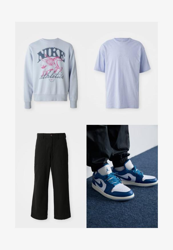 Svetlomodrý sveter s veľkým grafickým zobrazením ružového okrídleného koňa a čiernym textom "NIKE". Mäkká tkanina, okrúhly výstrih a rebrované manžety.; Svetlomodré bavlnené tričko s okrúhlym výstrihom a krátkymi rukávmi. Má vystúpené logo "nike" v strede prednej časti. Mäkkučký materiál.; Čierne nohavice s širokými nohavicami vyrobené z mäkkej látky, s prednými vreckami a zapínaním na gombík v páse. Minimalistický dizajn bez viditeľných vzorov.; Nike Air Jordan tenisky majú bielu koženú základňu s modrými syntetickými akcentmi, perforovanou špičkou a modrými šnúrkami.