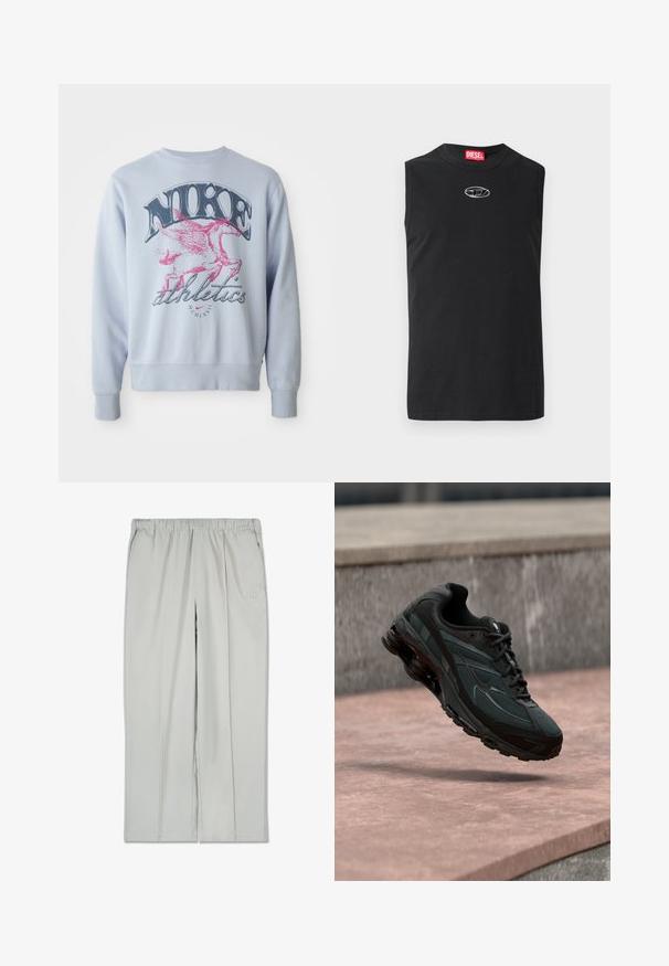 Heledsinine dressipluus, millel on suur graafika roosa tiivulise hobuse ja musta "NIKE" tekstiga. Pehme kangas, ümar kaelus ja soonikkraed.; Mustast puuvillast varrukateta T-särk, millel on ümmargune kaelus ja rinna kohal hõbedane logo. Lihtne, ühevärviline disain ilma mustriteta.; Heledad hallid, kerged püksid elastse vööriga, millel on ees voldid ja diskreetne bränding külgedel. Sile tekstuur ja sirge jala disain.; Must sportlik toss nähtava õhkpadi keskmise tallaga, hõljudes roosa kivipinna kohal, mille taustal on hall kivimüür.