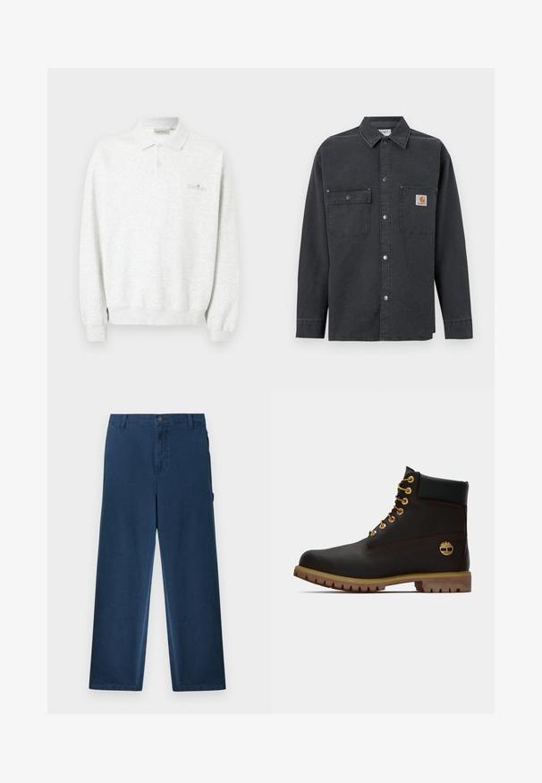 Polo blanc à manches longues avec deux boutons et poignets côtelés, arborant un logo brodé subtil sur la poitrine.; Chemise à manches longues gris foncé avec boutons sur le devant, deux poches poitrine, dont une avec un petit patch logo carré sur la poche droite.; Pantalon en velours côtelé bleu marine à jambes droites, avec passants de ceinture, bouton avant, fermeture éclair et poches latérales.; Bottine noire en cuir avec œillets dorés, accents marron et semelle en caoutchouc. Comprend un col rembourré et un logo estampé sur le côté.