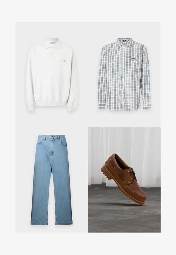 Polo blanc à manches longues avec deux boutons et poignets côtelés, arborant un logo brodé subtil sur la poitrine.; Chemise à carreaux boutonnée en blanc, vert et bleu. Elle comporte des manches longues, un col, deux poches avant et une broderie de logo sur la poitrine.; Jean en denim bleu clair avec taille haute, coupe jambe large, passants pour ceinture et cinq poches. Le tissu a une texture lisse avec une décoloration minimale.; Chaussure de bateau en cuir marron avec des lacets noirs, des coutures beiges et une semelle robuste, suspendue au-dessus d'un sol en béton gris.