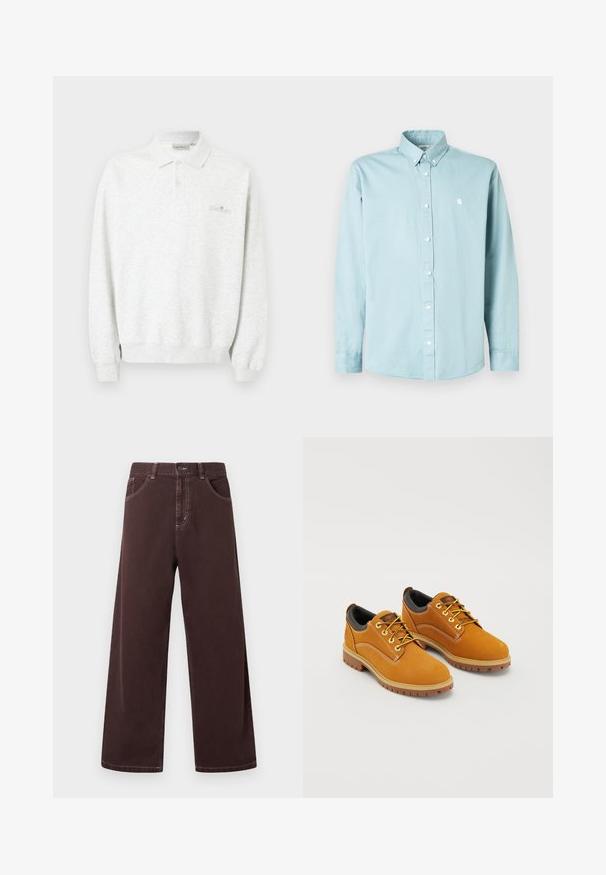 Polo blanc à manches longues avec deux boutons et poignets côtelés, arborant un logo brodé subtil sur la poitrine.; Chemise bleu clair à manches longues avec boutons, en coton, dotée d'un col classique, de boutons blancs et d'un petit logo sur la poitrine.; Pantalon marron foncé taille haute à jambes larges, avec bouton et fermeture éclair à l'avant, poches latérales, et coutures visibles sur fond blanc.; Chaussures en daim marron avec un bout rond, des lacets jaunes, un col rembourré noir et des semelles en caoutchouc avec des rainures de traction.