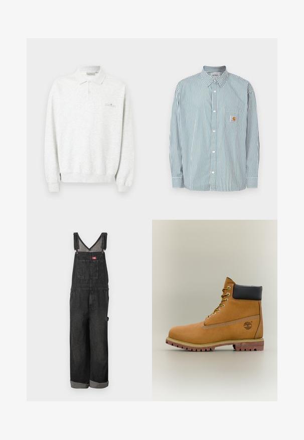 Polo blanc à manches longues avec deux boutons et poignets côtelés, arborant un logo brodé subtil sur la poitrine.; Chemise rayée vert et blanc, dotée d'un col boutonné, de manches longues, d'une poche avant et d'une petite étiquette logo.; Salopette en jean noire avec une poche poitrine à l'avant, des bretelles réglables et des jambes larges retroussées.; Bottine en cuir marron avec col noir, lacets jaunes et semelle beige. Présente un logo et des détails de couture blanche. Semelle extérieure à traction robuste.