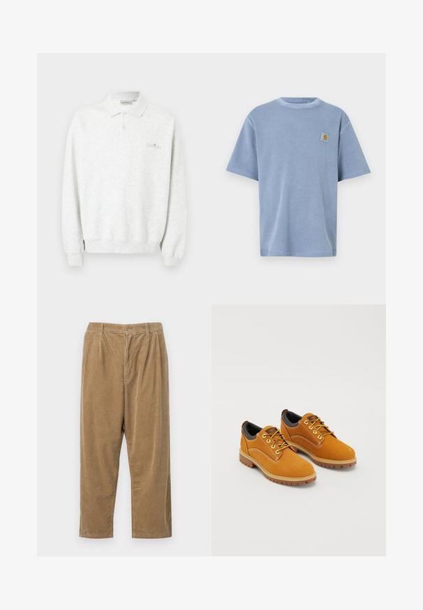 Polo blanc à manches longues avec deux boutons et poignets côtelés, arborant un logo brodé subtil sur la poitrine.; T-shirt bleu clair à manches courtes avec un motif côtelé texturé et un patch logo brodé sur la poitrine gauche. Encolure ronde.; Pantalon en velours côtelé de couleur marron clair avec un motif à côtes texturé, comportant une fermeture à bouton et une coupe décontractée.; Chaussures en daim marron avec un bout rond, des lacets jaunes, un col rembourré noir et des semelles en caoutchouc avec des rainures de traction.