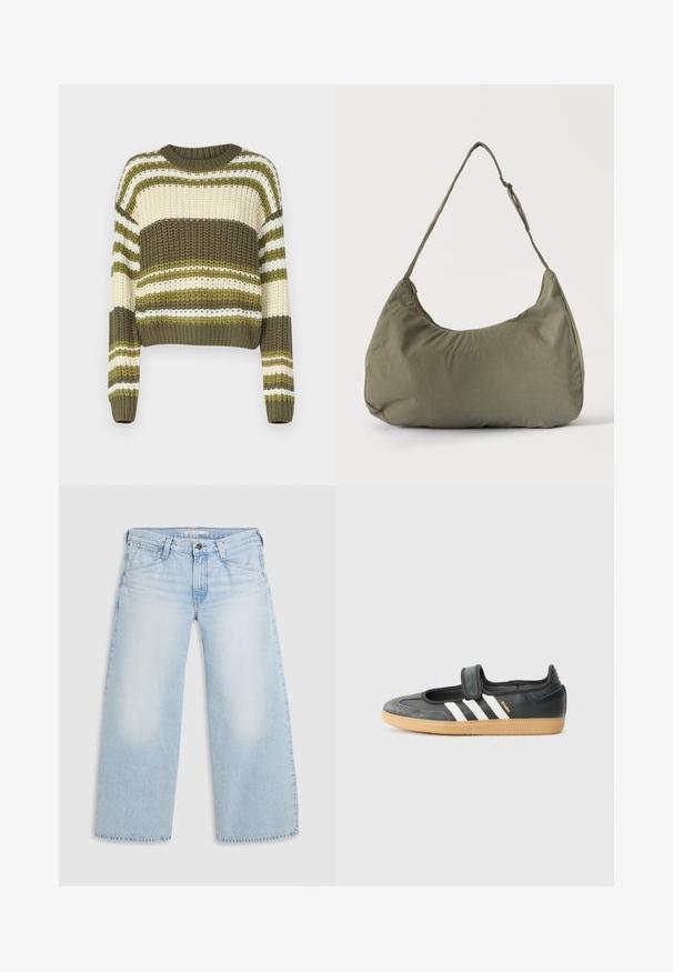Pull en tricot épais avec un col rond, présentant des rayures horizontales alternées vert olive, crème et blanche. Longueur cropped avec des manches longues.; Jean large bleu clair en denim. Présente une coupe droite, un design à cinq poches et une fermeture par bouton à la taille.; Sneaker en cuir noir et suède avec une sangle Velcro, arborant trois bandes blanches et une semelle en caoutchouc, étiqueté "SAMBA" sur le côté.; Sac à épaule en tissu doux vert olive avec fermeture éclair et bandoulière réglable sur un fond uni clair.