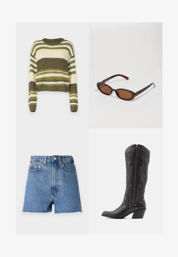 Pull en tricot épais avec un col rond, présentant des rayures horizontales alternées vert olive, crème et blanche. Longueur cropped avec des manches longues.; Shorts en denim bleu clair avec taille haute, ourlet effiloché et quincaillerie en cuivre. Comprend deux poches avant et un design classique à cinq poches.; Bottes de cowboy en cuir marron avec surpiqûres en forme de flammes, fermeture éclair latérale, clous argentés, bout pointu et talon superposé.; Lunettes de soleil rondes teinte brun avec une monture bordeaux brillante. Branches fines avec un détail de marque subtil. Design de verres plats.