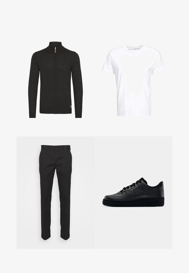 Cardigan noir zippé avec un col haut à côtes, en tissu tricoté texturé, des poignets et un ourlet à côtes, et une petite étiquette en cuir sur le côté inférieur.; T-shirt en coton blanc avec un col rond et des manches courtes, au fit classique et à la texture lisse. Aucun motif ni accessoire visible.; Chinos noirs en mélange de coton, présentant une coupe droite, une texture lisse et des passants de ceinture standard. Pas de motifs ou d'accents visibles.; Baskets Nike Air Force 1 noires avec un dessus en cuir lisse, bout perforé pour la respirabilité, lacets noirs et semelle en caoutchouc texturé.