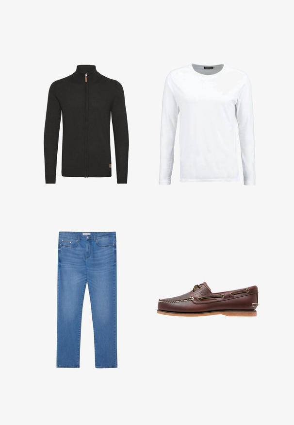 Cardigan noir zippé avec un col haut à côtes, en tissu tricoté texturé, des poignets et un ourlet à côtes, et une petite étiquette en cuir sur le côté inférieur.; T-shirt blanc à manches longues en coton, avec un col rond et une texture lisse. Sans motifs ni accents. Design simple.; Jeans en denim bleu clair avec une coupe droite, design à cinq poches, décoloration subtile et accents en métal au niveau de la taille et des poches.; Chaussure bateau en cuir marron avec coutures blanches, détails de lacets et semelle en caoutchouc beige, vue de côté sur fond blanc.