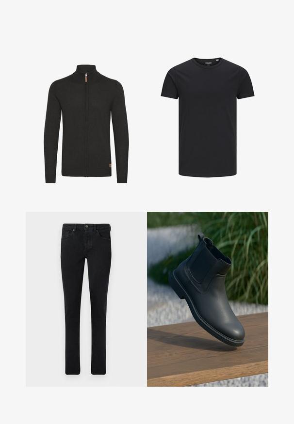 Zwarte zip-up cardigan met een hoge ribgebreide kraag, textuur gebreide stof, ribgebreide manchet en zoom, en een klein leren label aan de onderzijde.; Zwarte katoenen T-shirt met een ronde hals, korte mouwen en een eenvoudig ontwerp. Soepele textuur, geen patronen of zichtbare hardware.; Donkerdenim jeans met een slim fit, vijf-pocket ontwerp en een metalen knoopsluiting. Glad oppervlak en uniforme kleur overal.; Zwarte leren enkellaars met elastische zijkanten, gestructureerde accenten en een rubberen zool; de display heeft een houten oppervlak en groenereien.