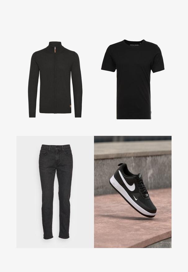 Zwarte zip-up cardigan met een hoge ribgebreide kraag, textuur gebreide stof, ribgebreide manchet en zoom, en een klein leren label aan de onderzijde.; Zwarte T-shirt met korte mouwen, gemaakt van katoen, met een ronde hals en een subtiele logotag aan de zijkant. Eenvoudig en veelzijdig ontwerp.; Zwarte denim jeans met een slim fit, voorzien van vijf zakken, riemlussen en subtiele stiksels. Versleten textuur over de stof.; Zwart-witte Nike Air Force 1 sneaker zwevend boven een roze betonnen oppervlak met een achtergrond van grijze stenen.